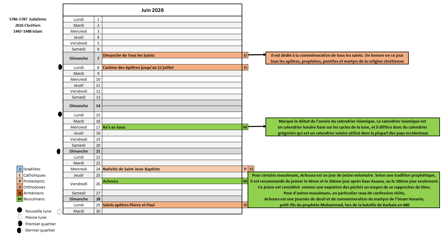 Calendrier juin 2026